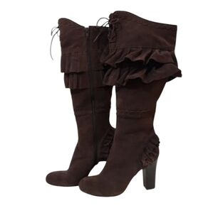 Von Maur Women's Genuine Leather Brown Ruffle High Heel Boots Size 8.5 NWOT
